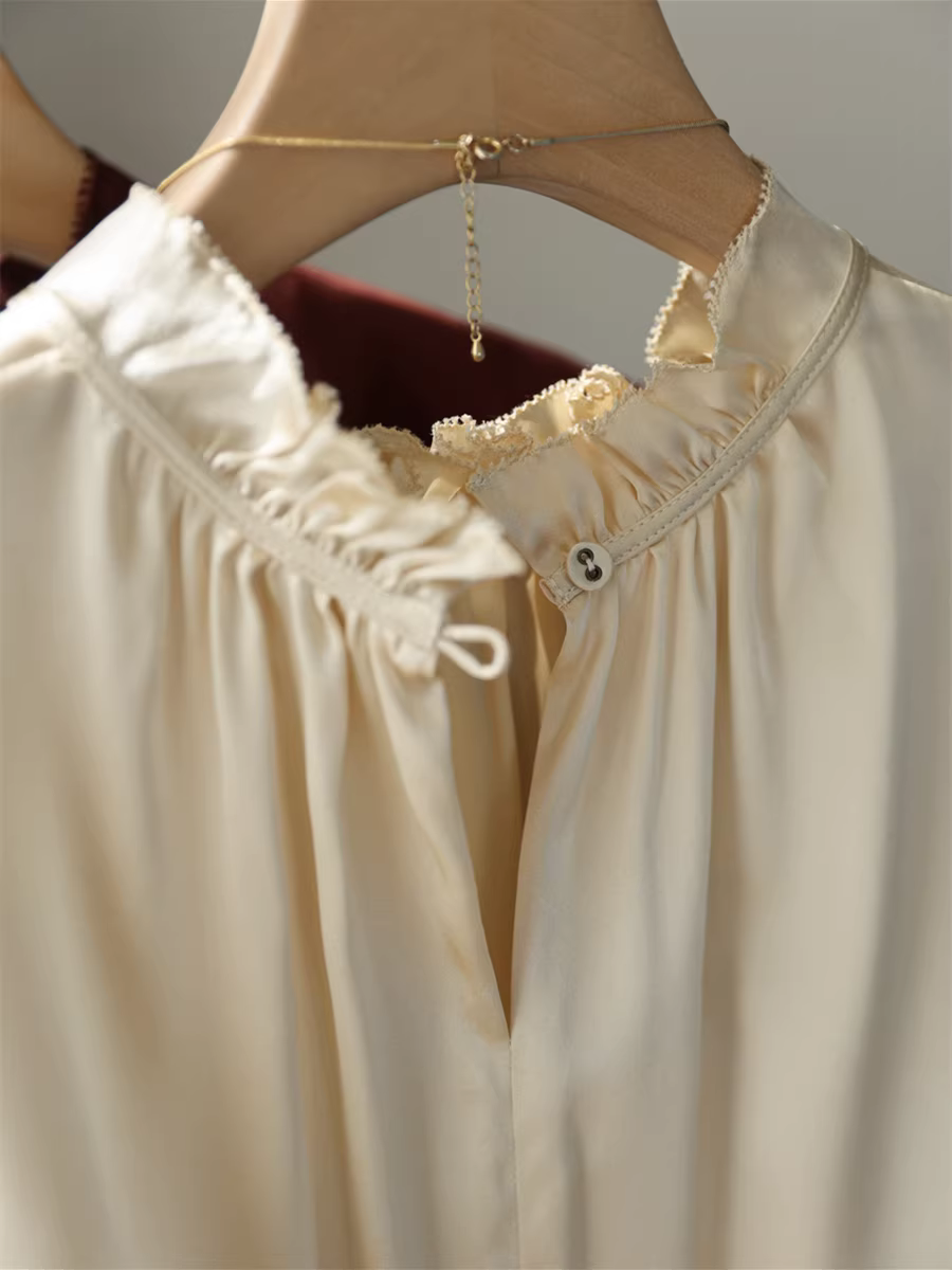 Áo lụa nặng 19mm với cổ đứng ren xếp ly thanh lịch, áo thun lụa dâu tằm không tay dành cho nữ mùa hè.