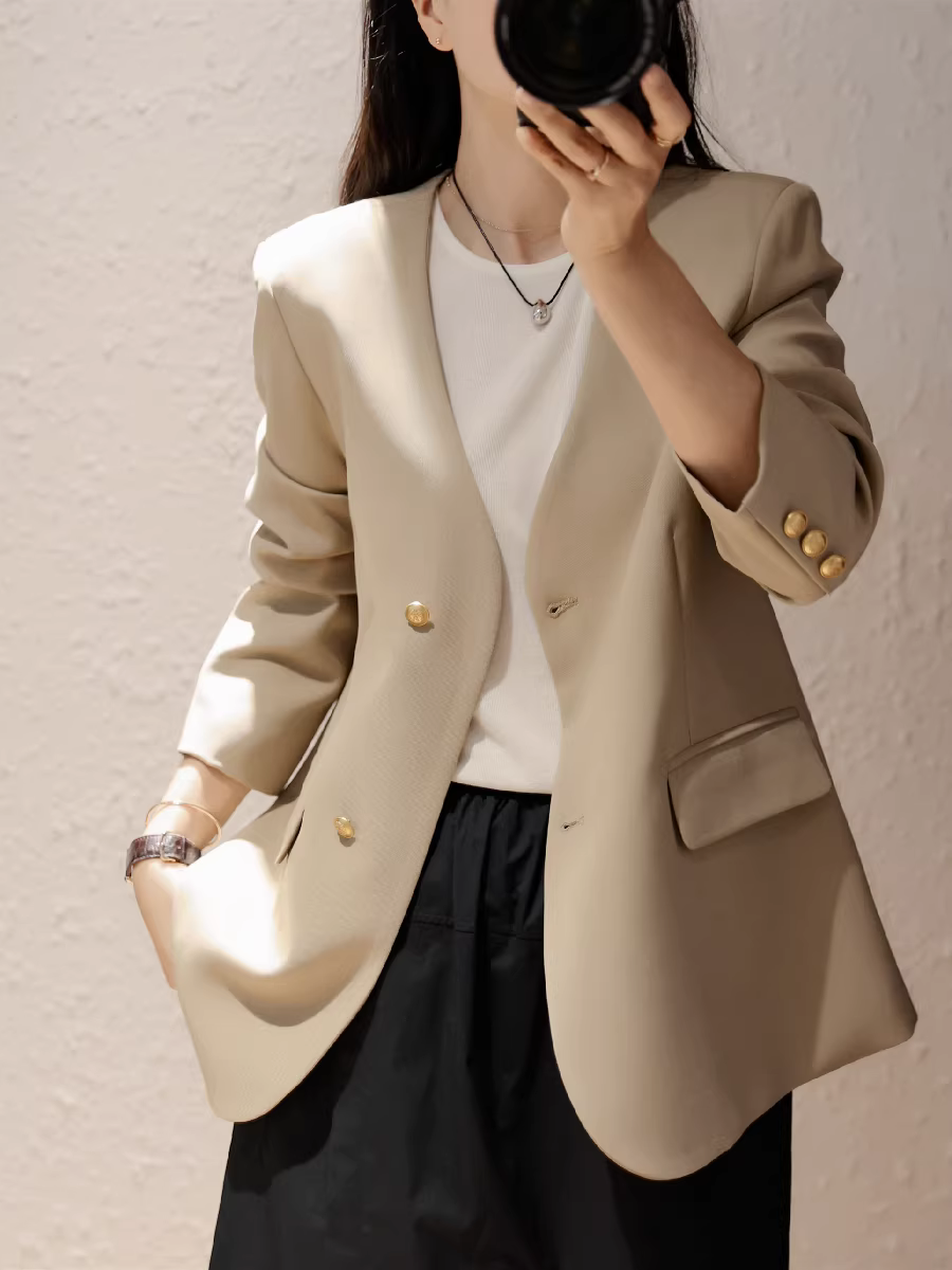Áo blazer dáng rộng cổ chữ V kiểu dáng đi làm cao cấp chống nhăn có nút vàng nhỏ dáng rộng màu trơn dành cho nữ đầu mùa thu mới