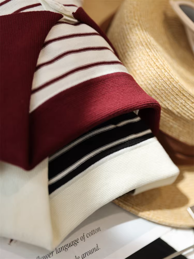 Áo sơ mi sọc cổ điển kiểu Pháp 100% Lyocell cổ Polo, vai rộng, dáng ôm, chất liệu dệt kim, tay ngắn dành cho nữ, mẫu mới mùa hè