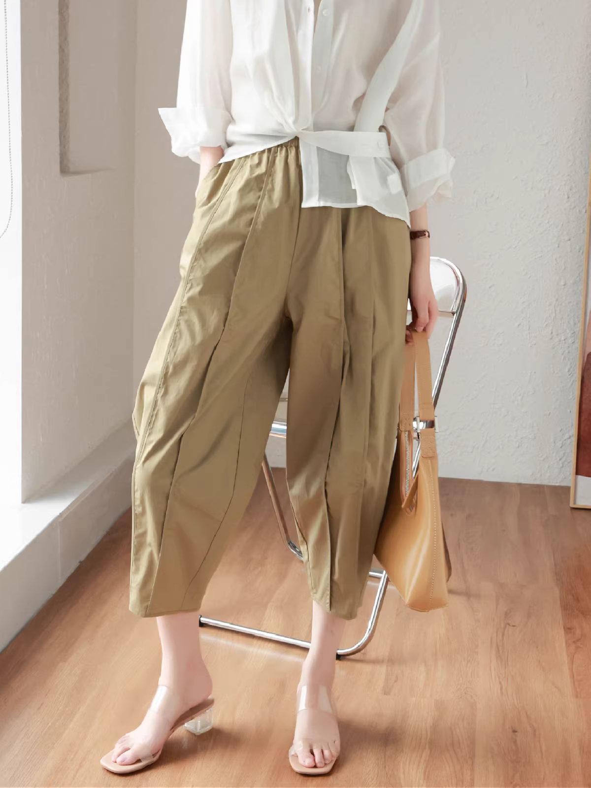 Quần kiểu dáng thiết kế độc đáo, cắt may ba chiều, lưng thun, dáng rộng, che khuyết điểm, quần thường ngày dành cho nữ, mới cho mùa hè.