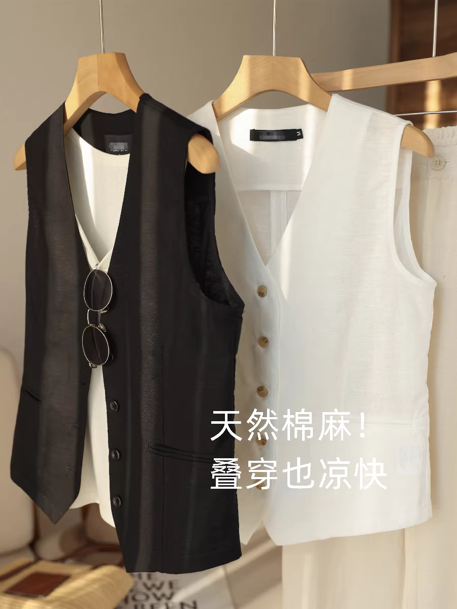 Vải lanh + cotton, có thể mặc một mình! Áo vest mỏng, thoáng khí, áo khoác dáng rộng và tôn dáng cổ chữ V dành cho nữ vào mùa hè.