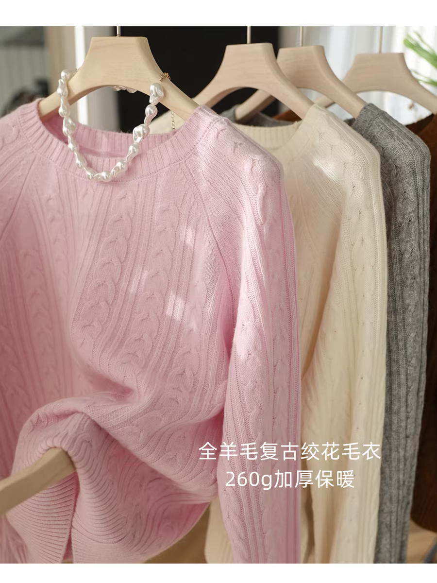 Áo len dệt kim cổ tròn dáng rộng tay dài chất liệu len 100% dày dặn mềm mại 260g phong cách retro thời thượng dành cho nữ mùa thu đông