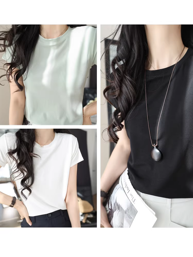 Áo thun cơ bản tiết kiệm chi phí! Chất liệu lyocell mật độ cao 40 sợi, mát mẻ và giúp thon gọn, cổ tròn, vai thường, tay ngắn dành cho nữ, mẫu mới cho mùa hè.