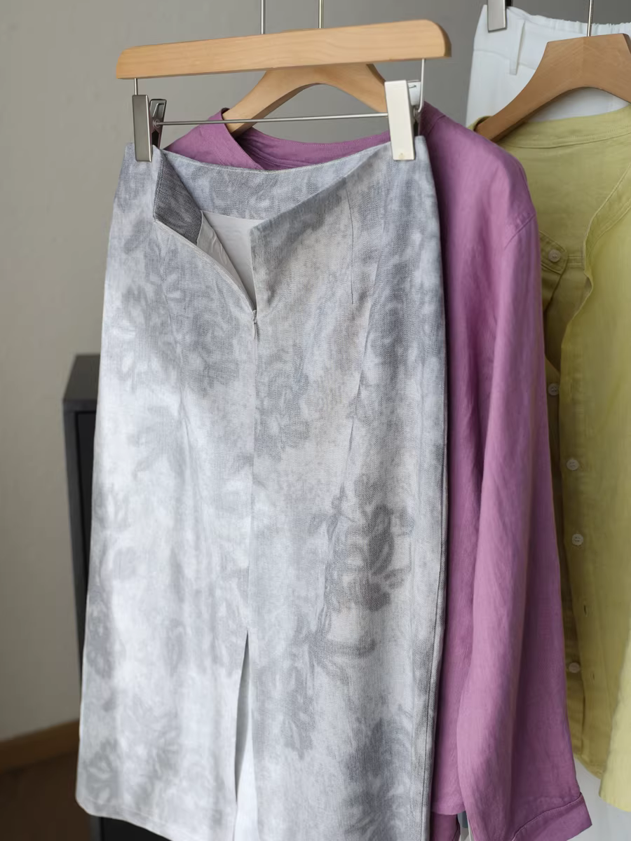Váy linen Tencel in họa tiết gradient thanh lịch dành cho nữ, váy dáng chữ A xẻ tà mỏng nhẹ, lưng cao tôn dáng mùa hè