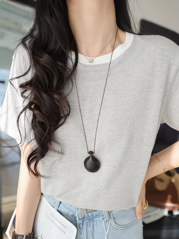 Giá trị cao! Áo thun nữ chất liệu vải lanh cotton Lyocell mềm mại, mỏng nhẹ, phối màu, cổ tròn, dáng rộng, đa năng, tay ngắn, mẫu mới cho mùa hè.