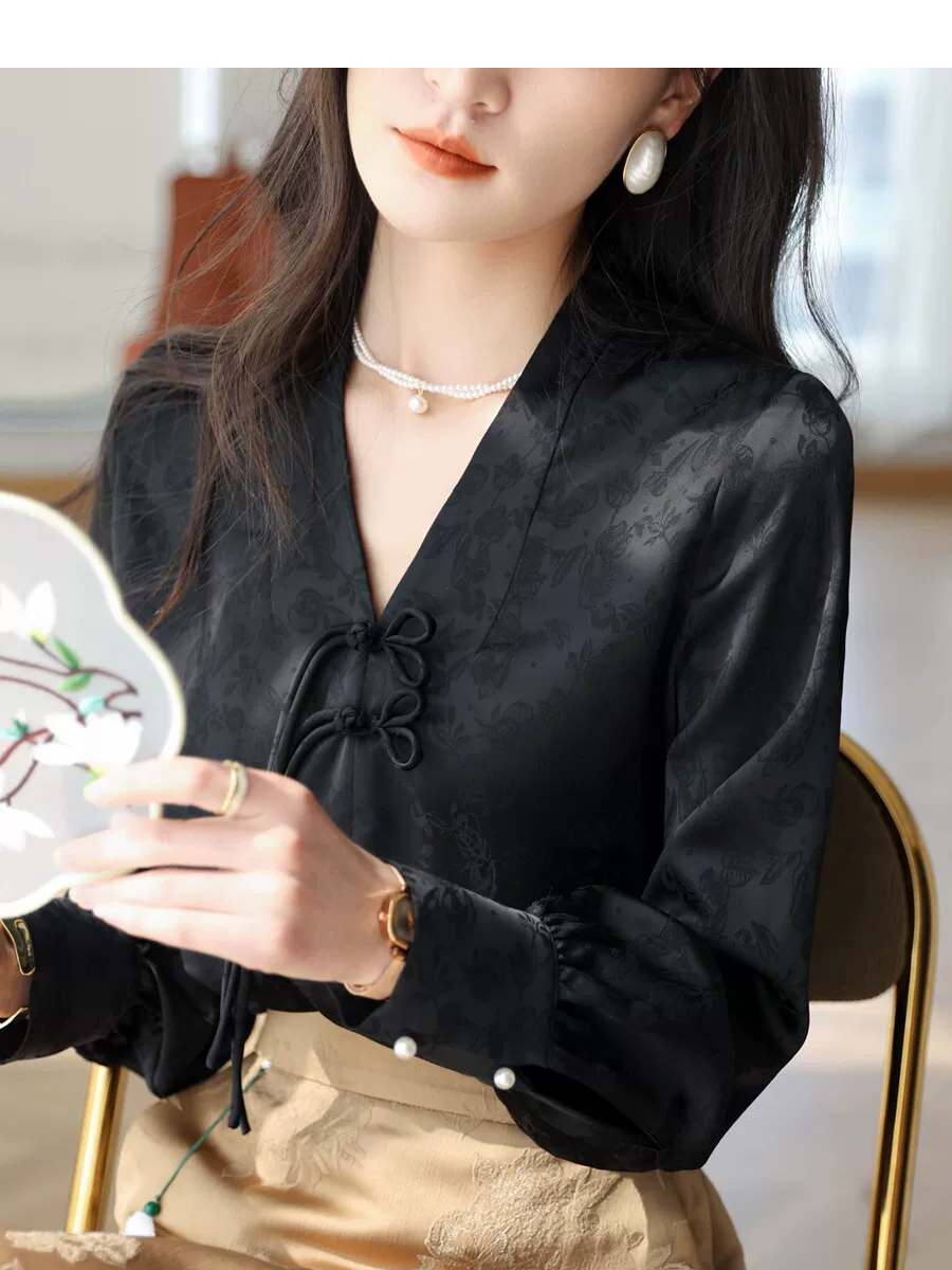 【Yijiangnan】Áo sơ mi dài tay kiểu Trung Quốc mới, cổ chữ V, cài khuy, dáng rộng, chống nhăn, chống nhăn dành cho nữ vào mùa xuân