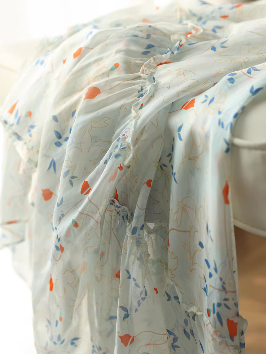 Váy lụa dâu tằm hoa tươi mát, dễ chịu, tay ngắn, cổ cánh hoa nhẹ nhàng, váy lụa lưng cao dành cho nữ, phong cách mùa hè mới