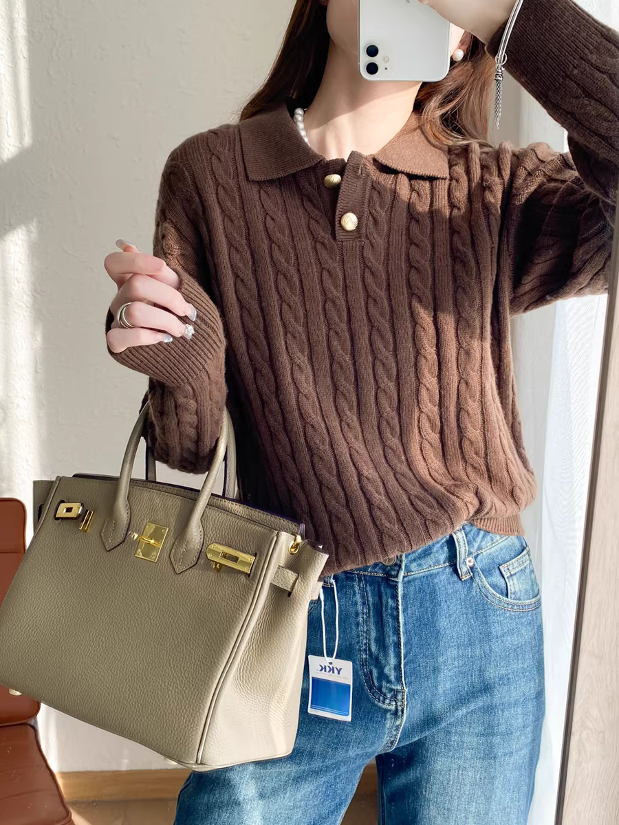 Áo len dệt kim kiểu cổ Polo, nút vàng nhỏ phong cách retro, chất liệu len dày 400g, giữ ấm, kiểu dáng lười dành cho nữ mùa thu đông