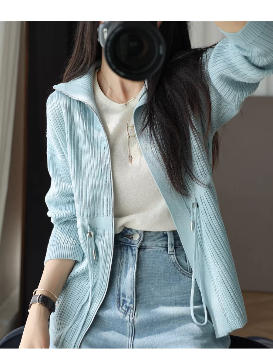 Áo khoác cardigan dệt kim len sáng bóng, thoải mái và giản dị, có dây rút ở eo, áo khoác măng tô dáng rộng và tôn dáng dành cho nữ, mới cho mùa xuân.