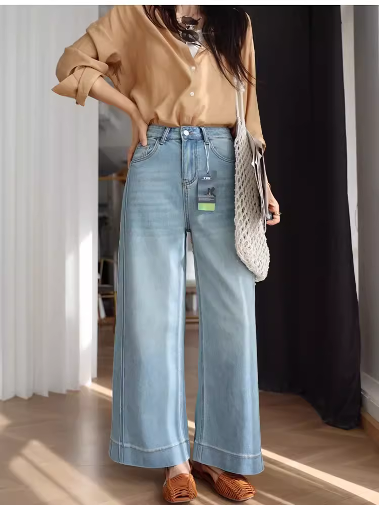 Thân thiện với người nhỏ nhắn ~ Thiết kế hai đường đường may giúp chân trông thẳng hơn Quần jean ống rộng lưng cao chất liệu cotton Lyocell giúp thon gọn dáng người dành cho nữ mùa hè