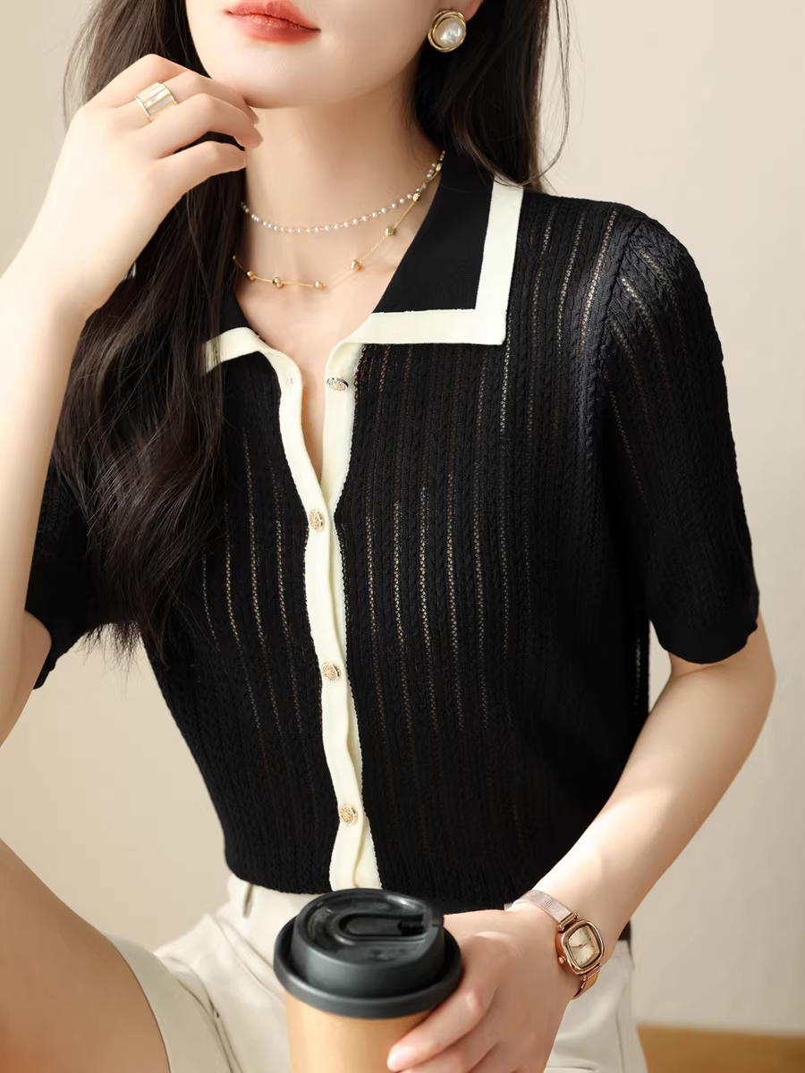 Tinh tế và thanh lịch ~ Áo thun cổ polo màu tương phản phong cách Chanel sang trọng nhẹ nhàng, áo dệt kim rỗng, chất liệu cotton nguyên chất, tay ngắn dành cho nữ mùa hè
