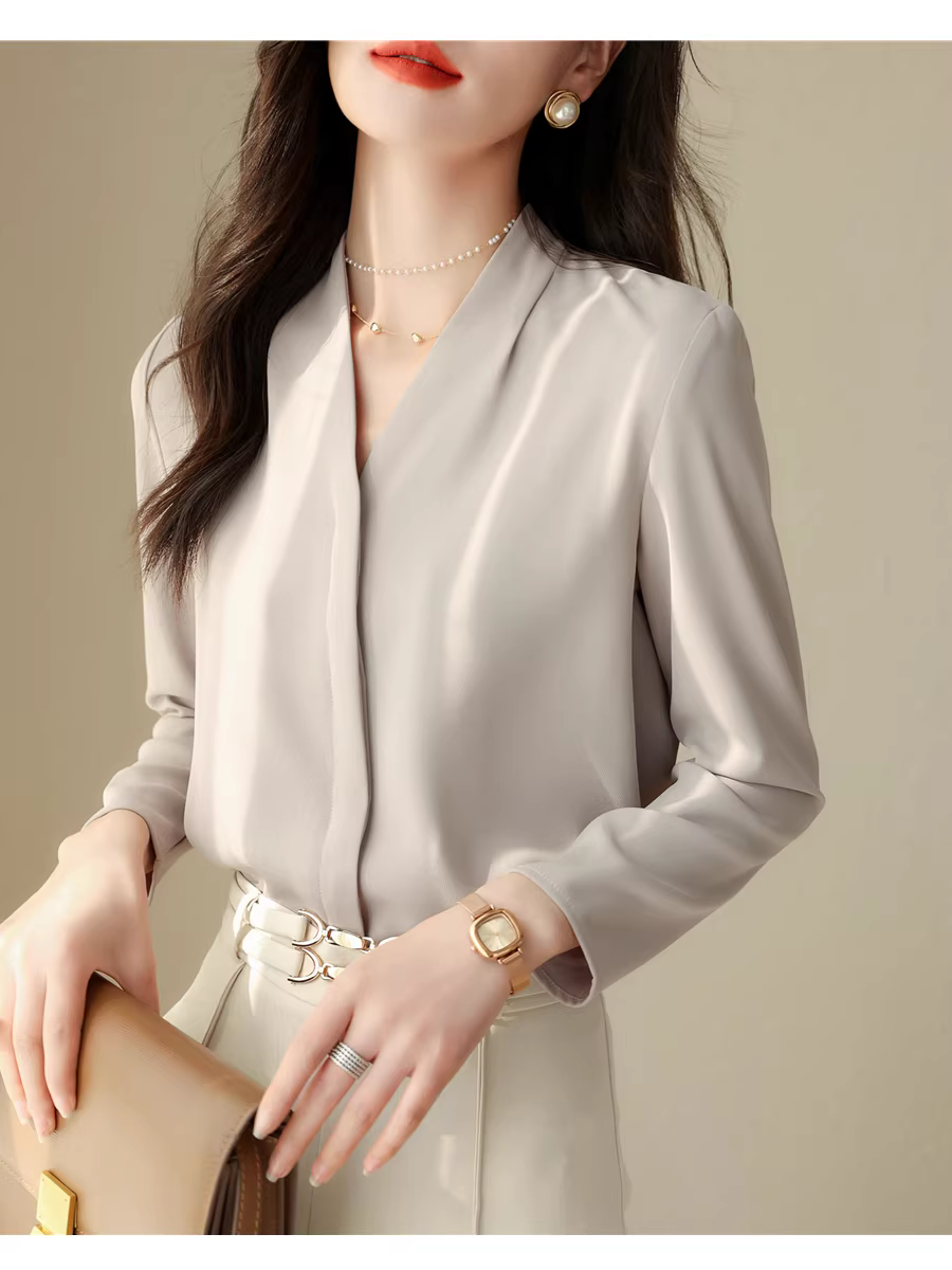 Áo sơ mi công sở OL cổ chữ V dáng rộng dáng rộng dài tay dành cho nữ với áo sơ mi voan chống nhăn cho nữ mùa xuân hè mới