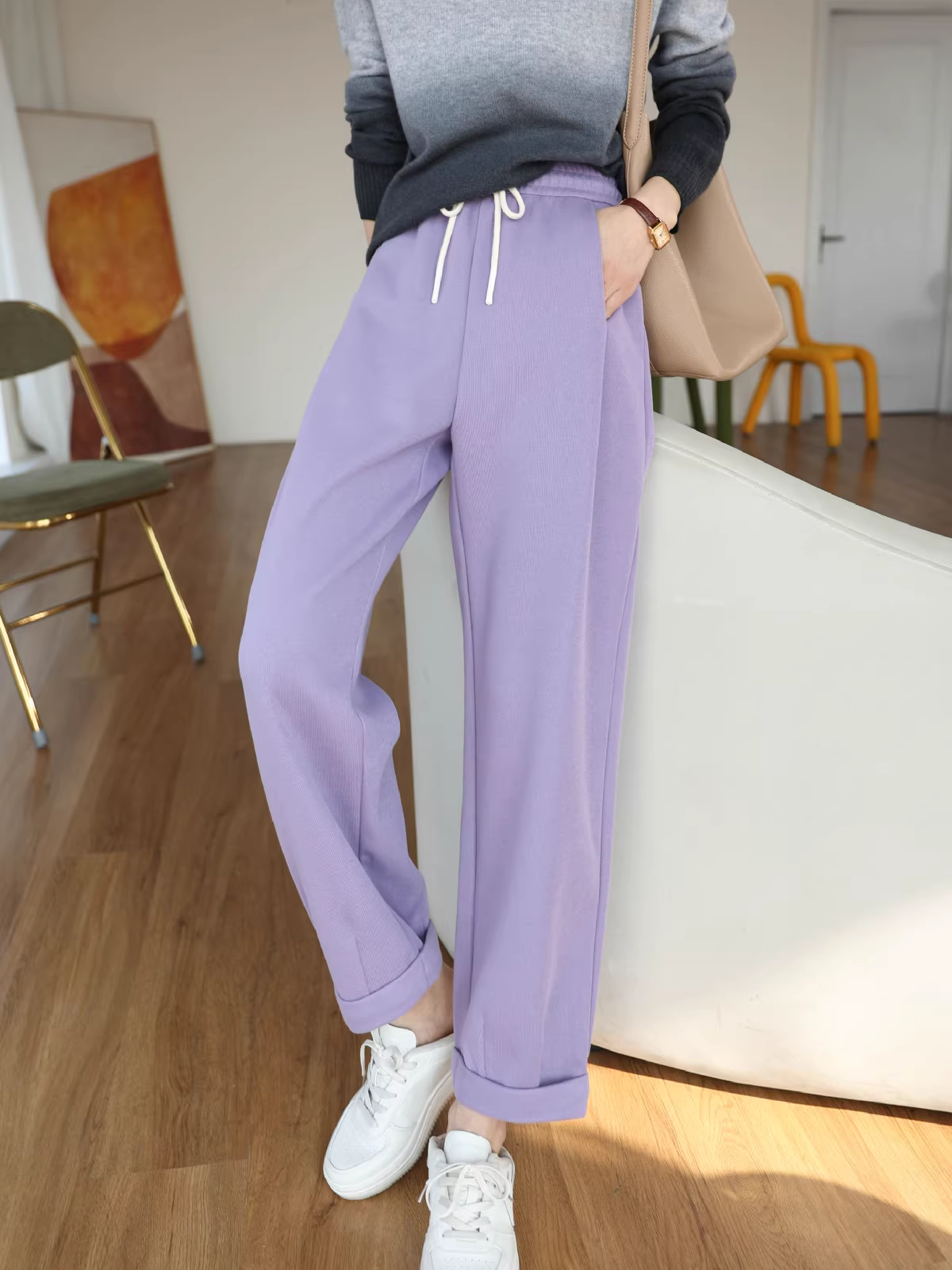 Quần bà ngoại cạp cao có dây rút thoải mái và dễ mặc với quần ống đứng có bo gấu dành cho nữ vào mùa xuân