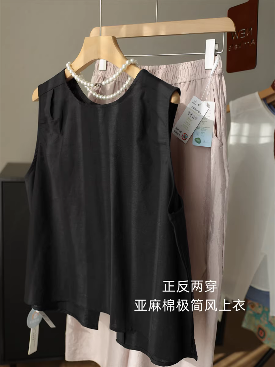 Có thể đảo ngược! Áo sơ mi thiết kế tối giản bằng vải lanh cotton dành cho nữ, áo mỏng thoáng khí mùa hè, dáng rộng, không tay, có đường xẻ