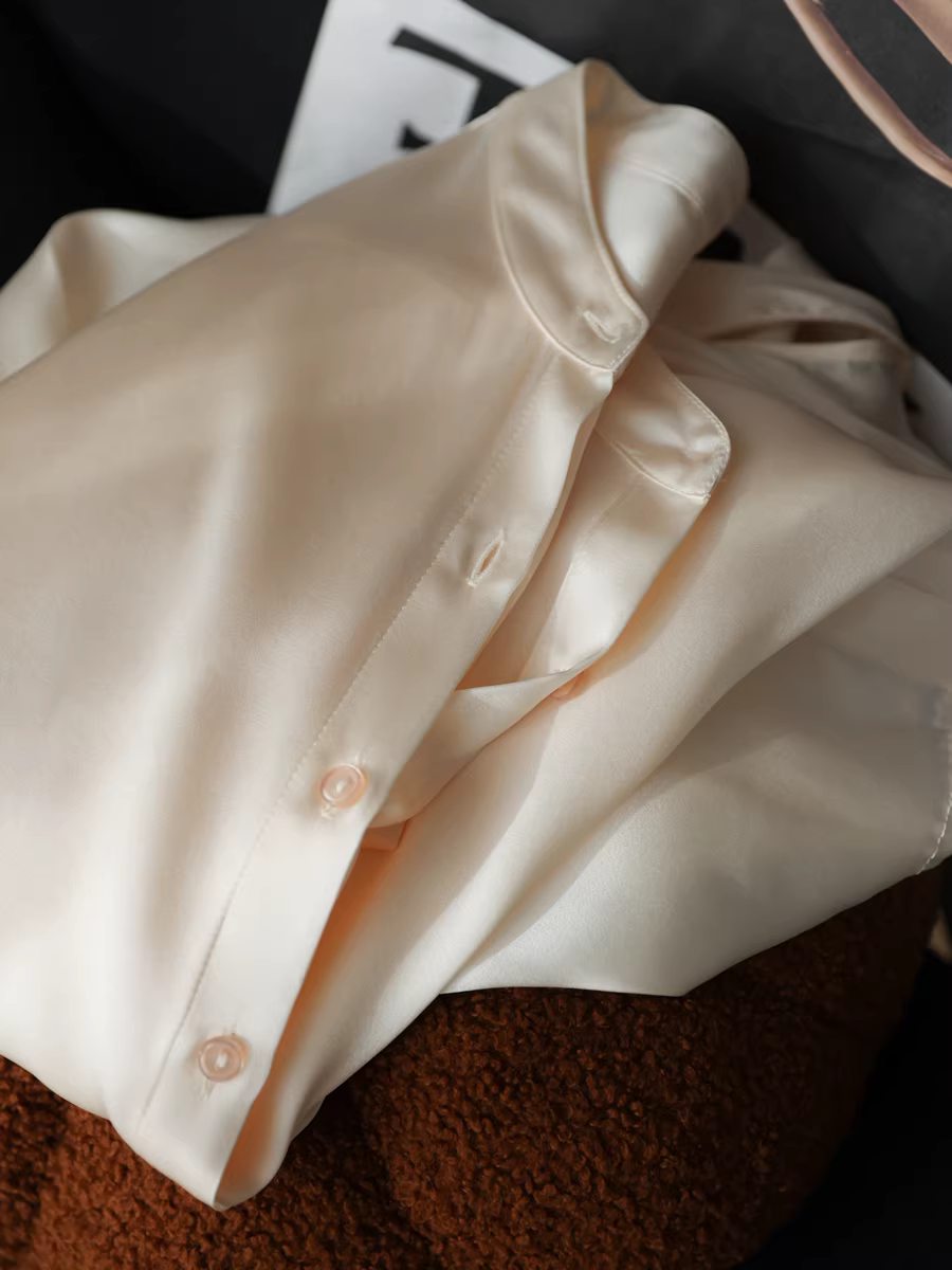 Áo sơ mi lụa nặng 19mm, chất liệu lụa tơ tằm bóng mượt cao cấp, kiểu cổ đứng, màu trơn, dành cho nữ mùa thu.