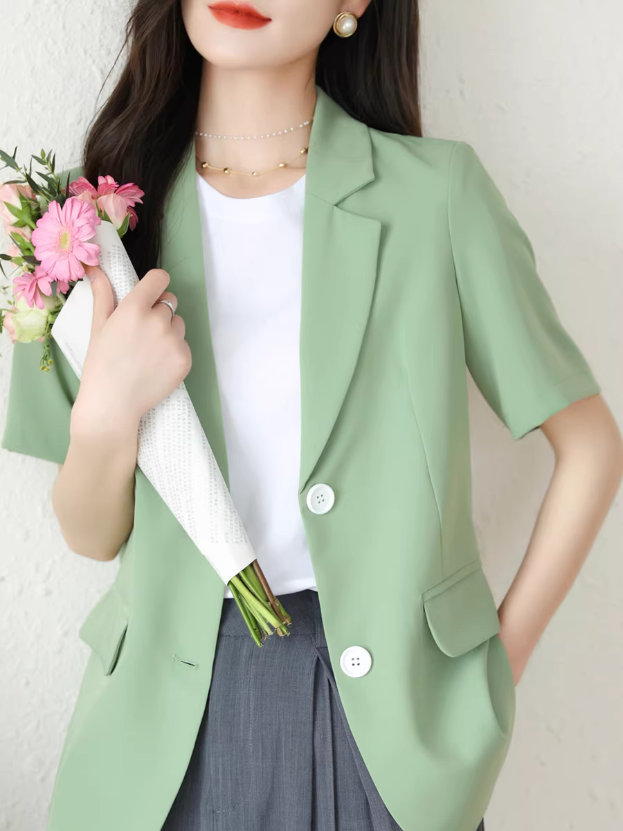 Bộ đồ ngắn tay mỏng mùa hè màu xanh lá cây dành cho nữ, dáng xòe, chống nhăn, dáng rộng, dáng suông, áo khoác màu trơn