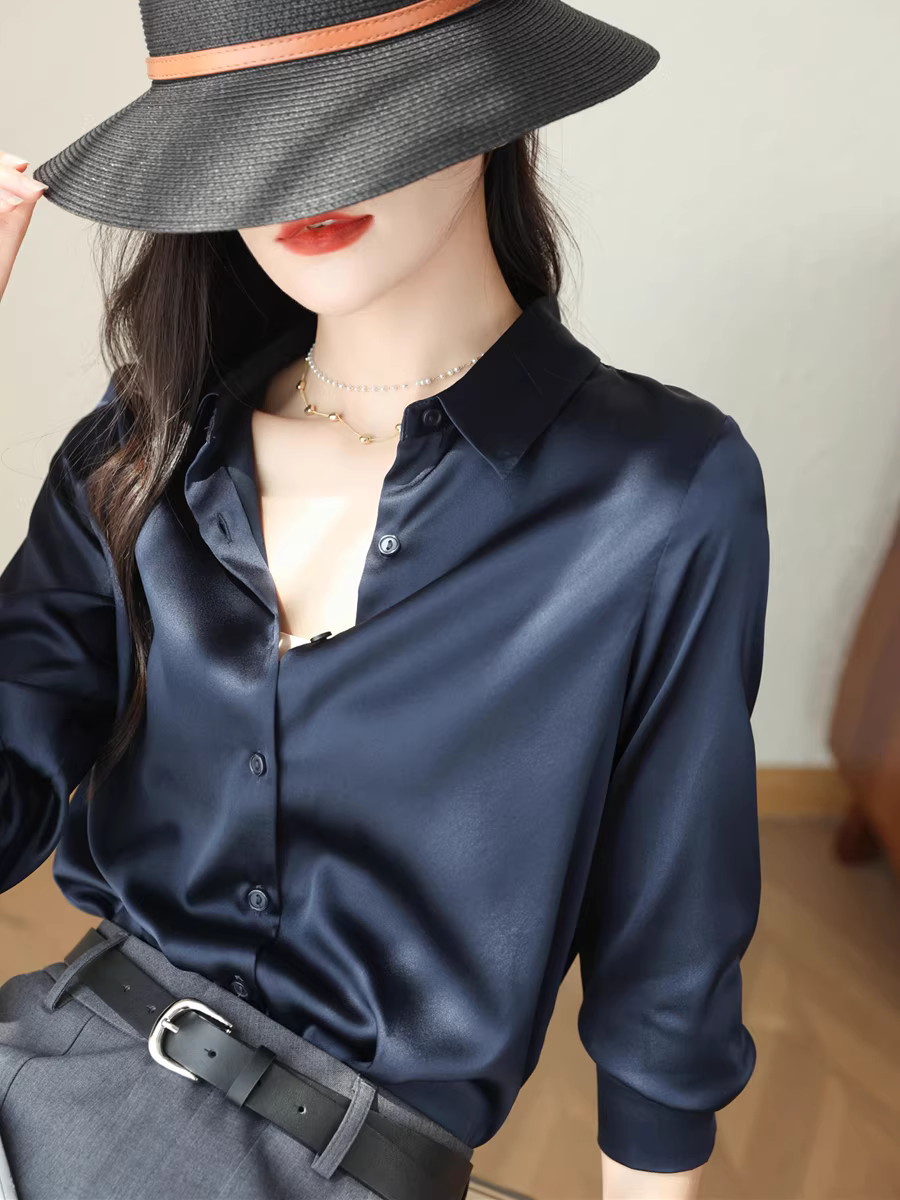 Phong cách sang trọng nhẹ nhàng với vẻ ngoài bóng mượt như nước! Áo sơ mi lụa nặng 19mm làm từ tơ dâu, áo sơ mi công sở màu trơn cổ điển dành cho nữ.