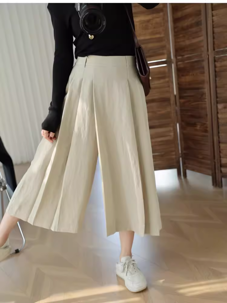 2m Tiêu thụ nguyên liệu ~ Vải lanh Tencel thoáng khí và mát mẻ, eo cao vừa phải, quần ống rộng tám điểm, quần váy dành cho nữ mùa hè mới