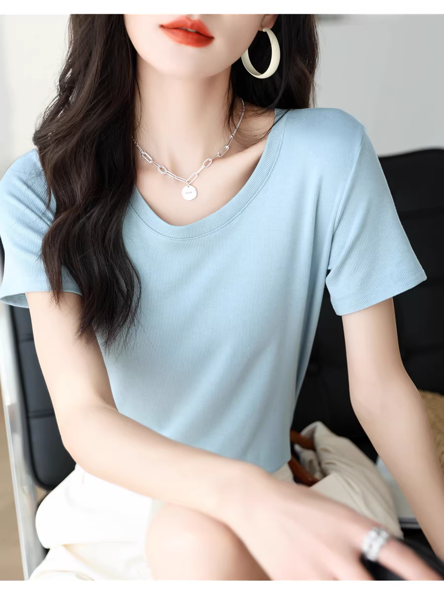 Áo thun nữ tay ngắn chất liệu thun gân, màu trơn, cổ tròn, dáng rộng, co giãn, tôn dáng, mặc được nhiều kiểu