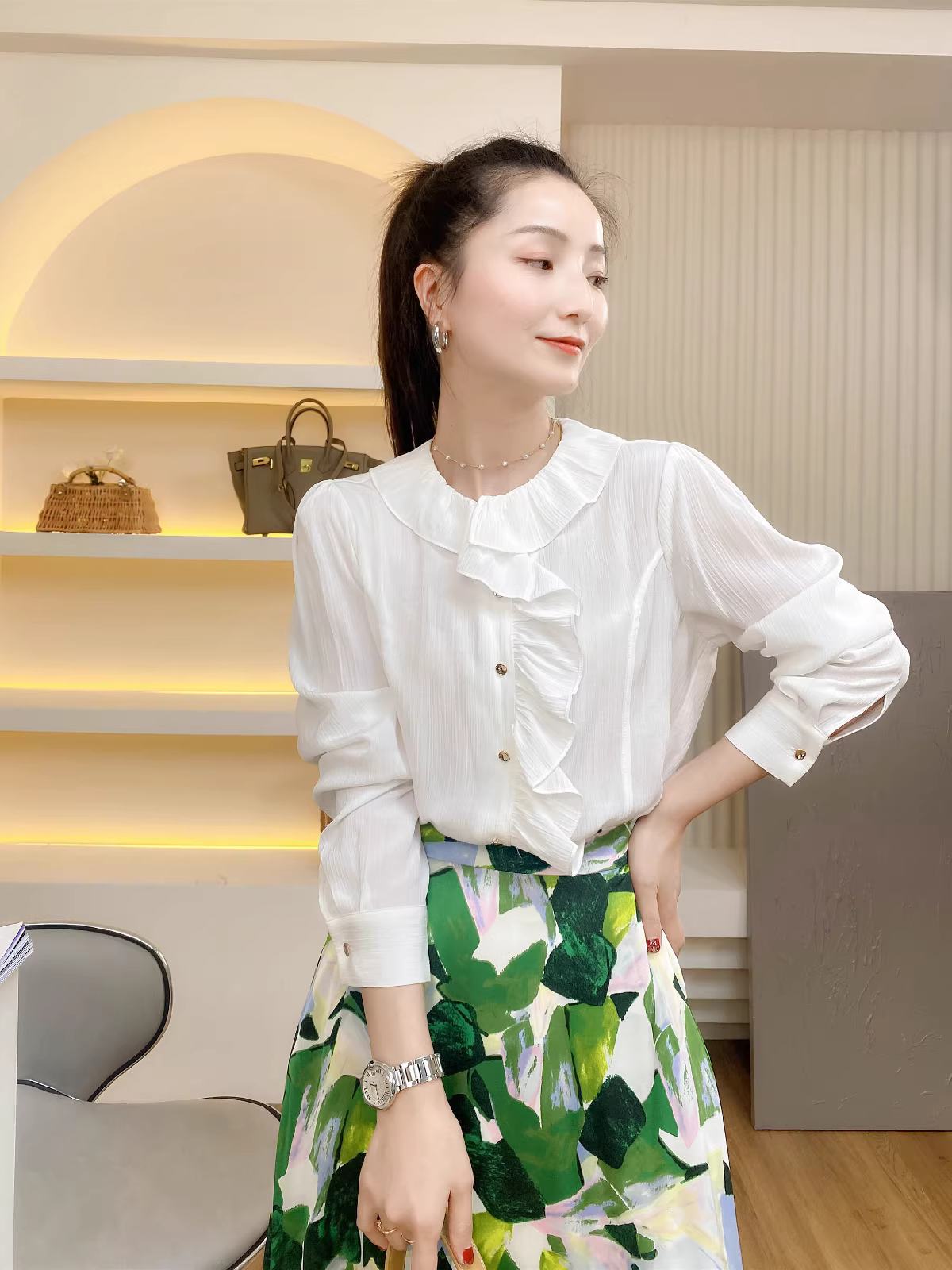 Áo sơ mi dài tay cổ búp bê dáng rộng thanh lịch kiểu Pháp dành cho nữ mùa xuân phong cách mới