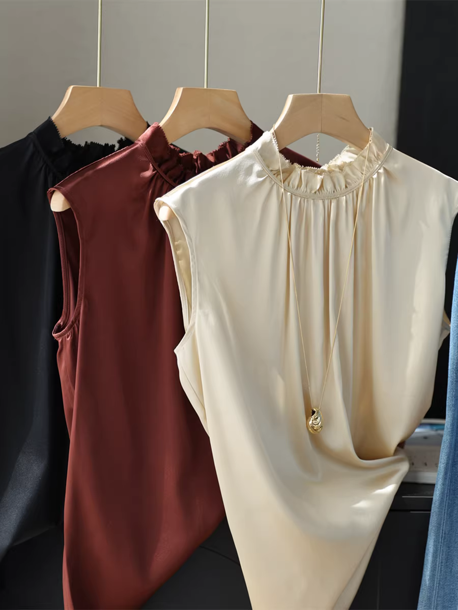 Áo lụa nặng 19mm với cổ đứng ren xếp ly thanh lịch, áo thun lụa dâu tằm không tay dành cho nữ mùa hè.