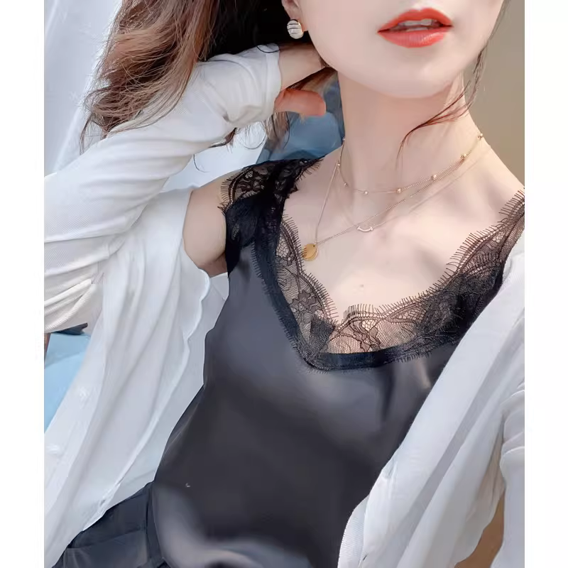 Đẹp quá! Áo camisole màu trơn phong cách công sở dành cho nữ, áo ren mềm mại gợi cảm, cổ chữ V mùa xuân hè.