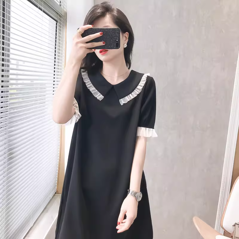 Phong cách Pháp tươi trẻ và trẻ trung ~ giúp bạn trông trẻ trung hơn và trắng sáng hơn! Ren mềm mại với viền uốn lượn ~ Váy chữ A dáng rộng tay ngắn giúp thon gọn cho nữ