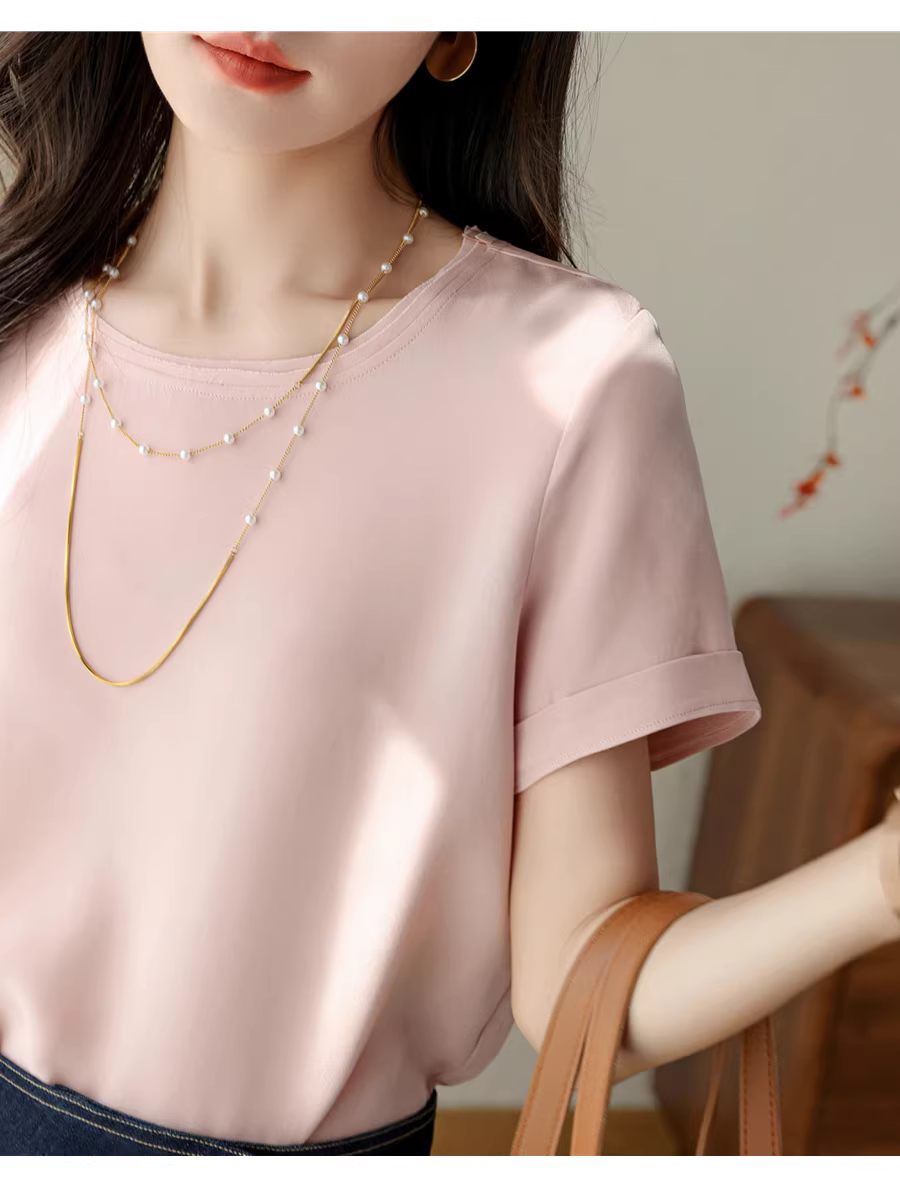 Phiên bản giới hạn! Áo lụa cao cấp 30mm, cổ tròn, dáng rộng, áo lụa dâu tằm giảm béo, tay ngắn dành cho nữ, mùa hè.