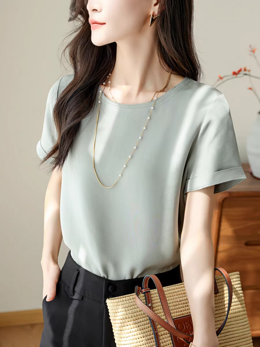 Phiên bản giới hạn! Áo lụa cao cấp 30mm, cổ tròn, dáng rộng, áo lụa dâu tằm giảm béo, tay ngắn dành cho nữ, mùa hè.