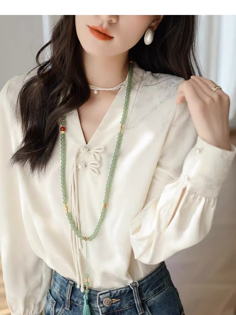 【Yijiangnan】Áo sơ mi dài tay kiểu Trung Quốc mới, cổ chữ V, cài khuy, dáng rộng, chống nhăn, chống nhăn dành cho nữ vào mùa xuân