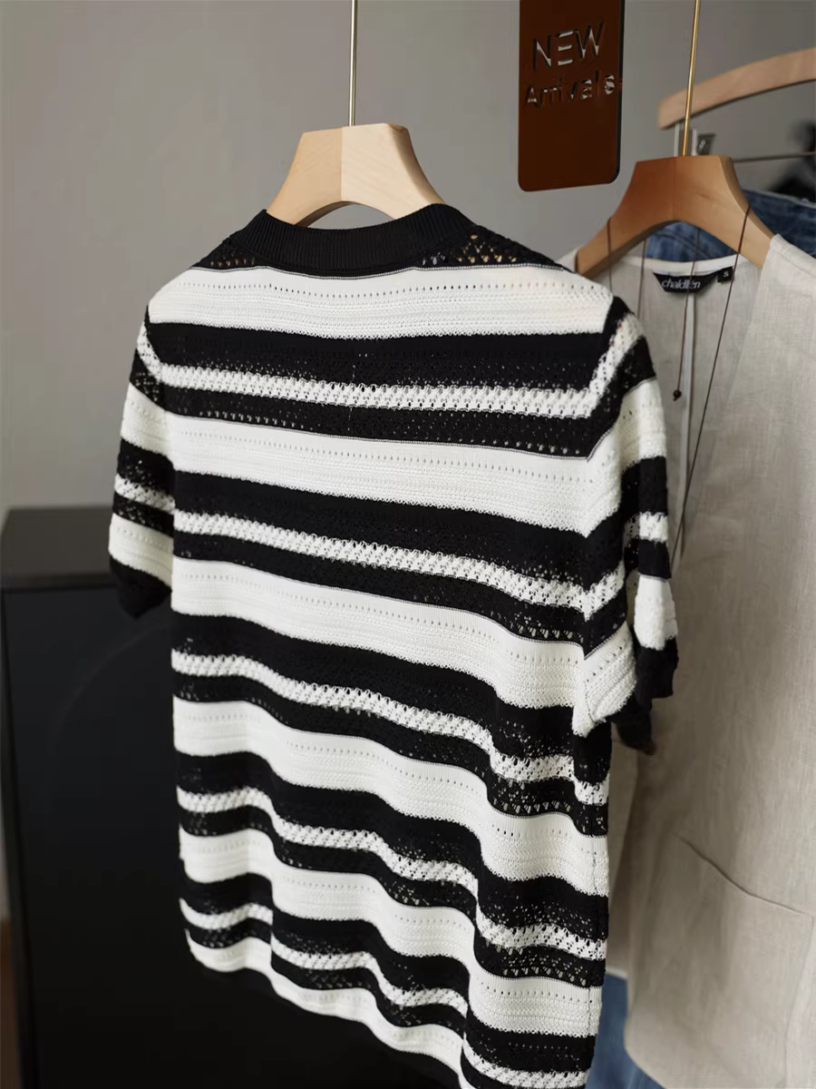 Áo len đan móc nặng 100% Lyocell có sọc đen trắng, cổ tròn, tay ngắn, áo dáng rộng cho nữ, hàng mới về mùa hè.
