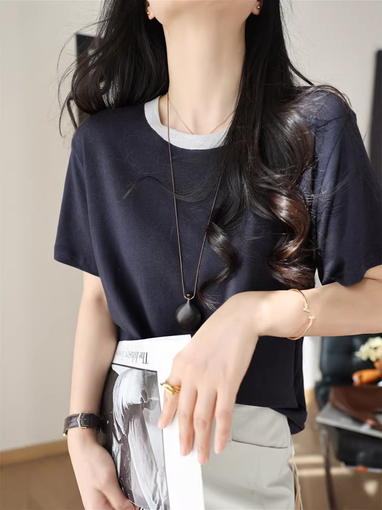 Giá trị cao! Áo thun nữ chất liệu vải lanh cotton Lyocell mềm mại, mỏng nhẹ, phối màu, cổ tròn, dáng rộng, đa năng, tay ngắn, mẫu mới cho mùa hè.