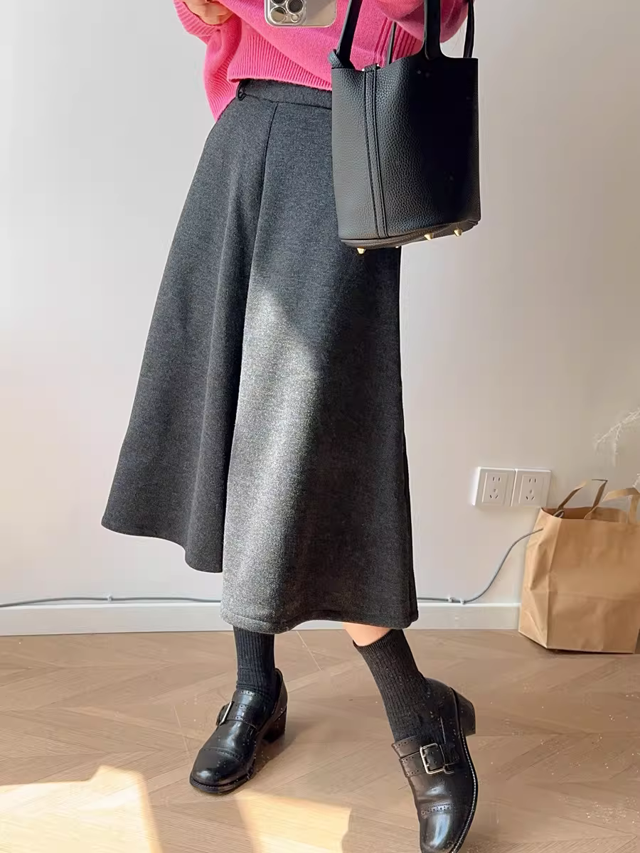 Váy len acetate! Váy len màu trơn dài ngang đùi, chất dày dặn, lót lông cừu, cạp cao, dáng chữ A, dành cho nữ, mùa thu đông.