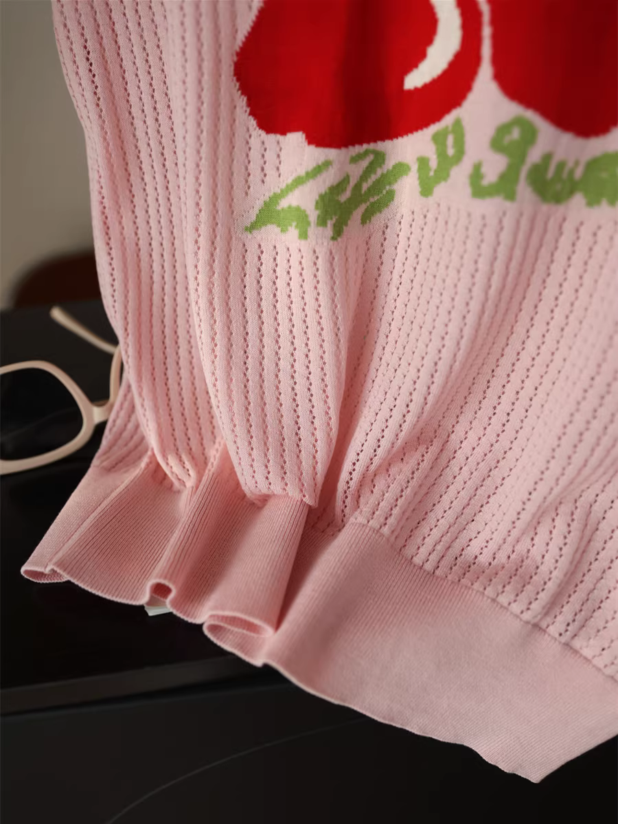 Áo len dệt kim cổ tròn bằng lụa Lyocell rỗng màu anh đào mùa hè trẻ trung và sáng màu dành cho nữ