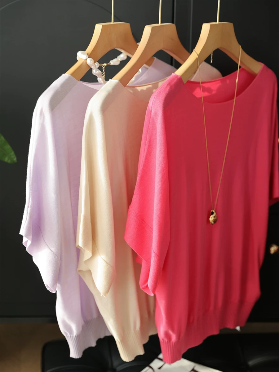 100% Lyocell Mát mẻ Cổ tròn dáng rộng vừa vặn Giảm béo Tay áo cánh dơi dệt kim hàng đầu dành cho nữ Mùa hè mới