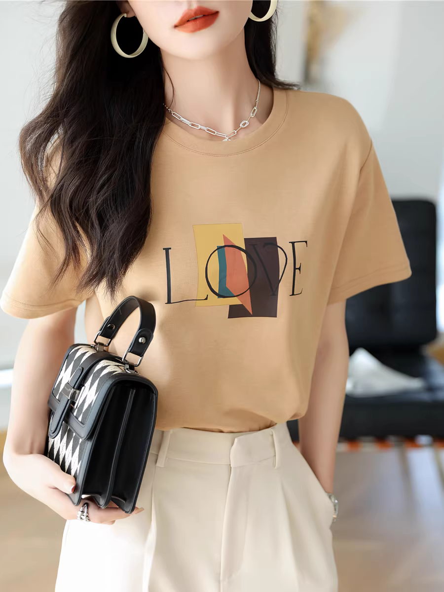 Áo thun cotton in chữ giản dị và thời trang dành cho nữ, dáng rộng và thon gọn, áo ngắn tay cổ tròn, phong cách xuân hè mới