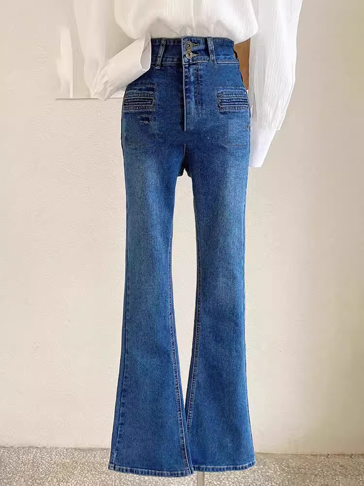 Quần jeans loe nữ xuân 2025, cạp cao, tôn dáng, co giãn, kiểu dáng bootcut dành cho các cô gái nhỏ nhắn, quần dài