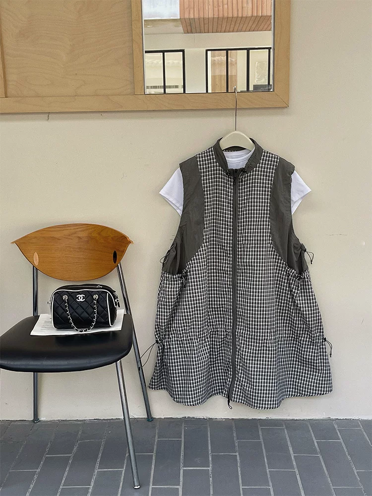 Váy vest kiểu áo khoác chắp vá kẻ sọc dành cho nữ, phong cách mùa hè, áo vest dài phong cách ngoài trời dành cho nữ theo phong cách núi non
