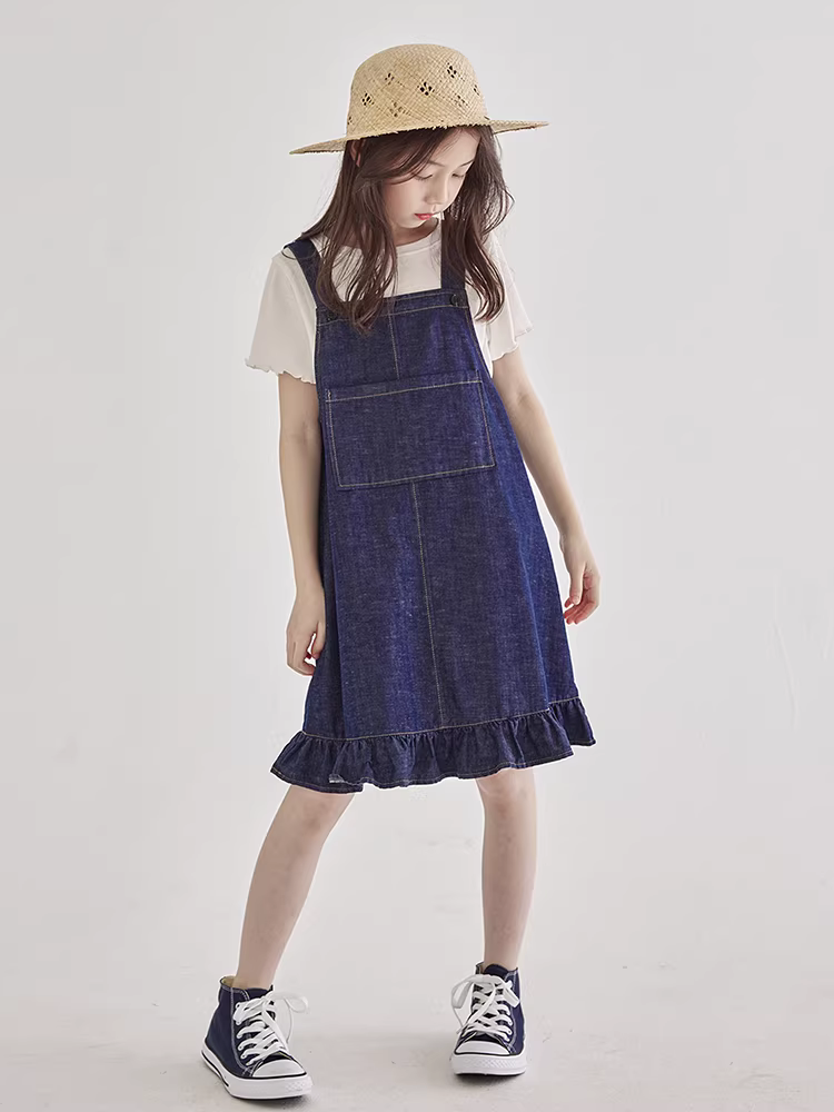 Váy yếm denim mùa hè 2025 cho bé gái, kiểu dáng hàng ngày, viền bèo nhún, màu trơn, dây đeo