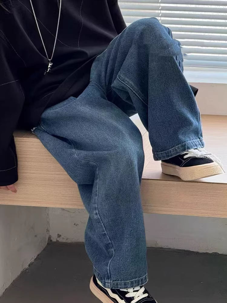 Quần jean ống thẳng cho bé gái, quần áo trẻ em, quần dài rộng ống rộng phong cách thường ngày cho bé trai, quần cargo đa năng thời trang