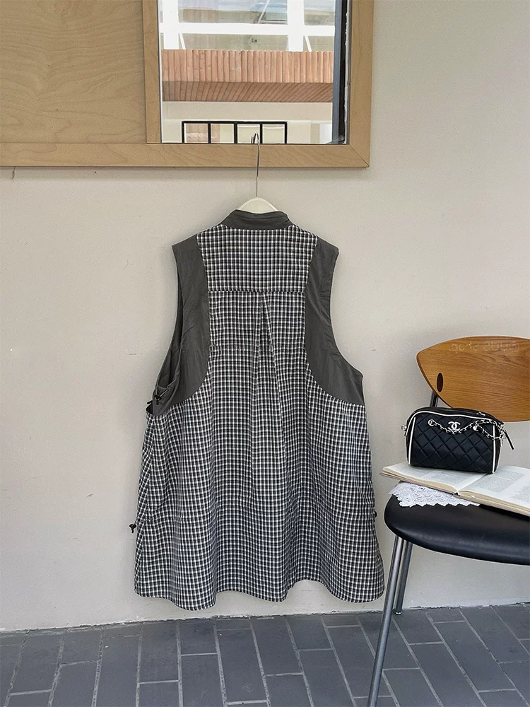 Váy vest kiểu áo khoác chắp vá kẻ sọc dành cho nữ, phong cách mùa hè, áo vest dài phong cách ngoài trời dành cho nữ theo phong cách núi non