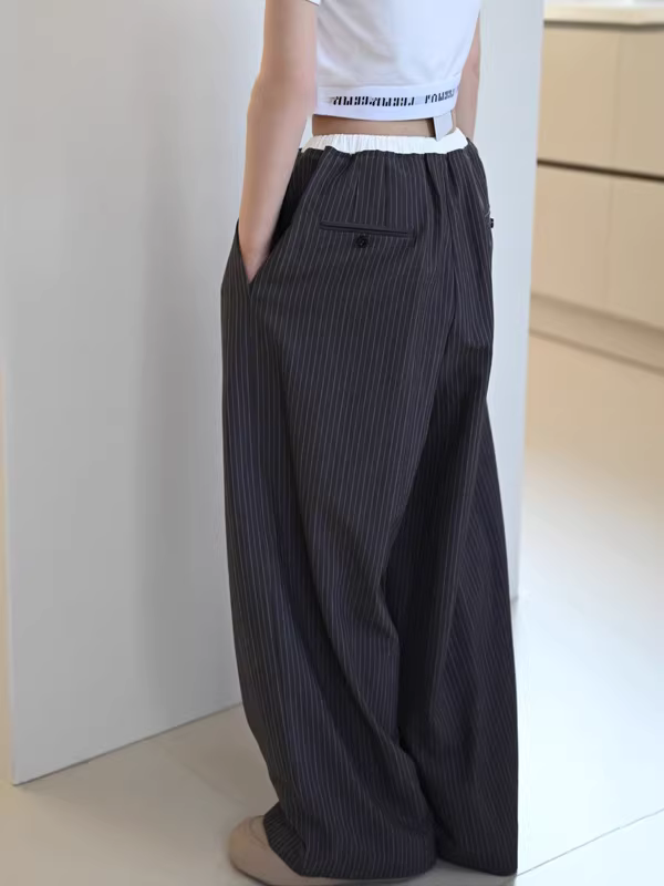 Quần bé gái quần âu trẻ em 25 xuân hè kiểu mới quần ống rộng thường ngày cho trẻ lớn quần ống rộng kẻ sọc cho bé gái