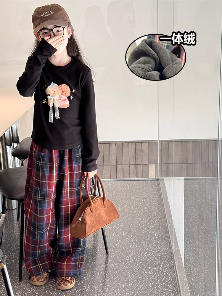 Quần kẻ sọc cổ điển mùa thu đông cho bé gái, quần ống đứng lót lông cừu cho trẻ em, quần dài dày dặn nhỏ nhắn.