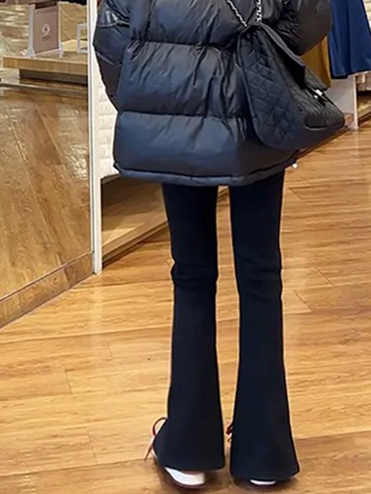 Quần jeans đen xẻ tà dáng loe cho bé gái, thu đông 2025, lót lông cừu, cạp cao, quần suông dáng bootcut, size nhỏ nhắn