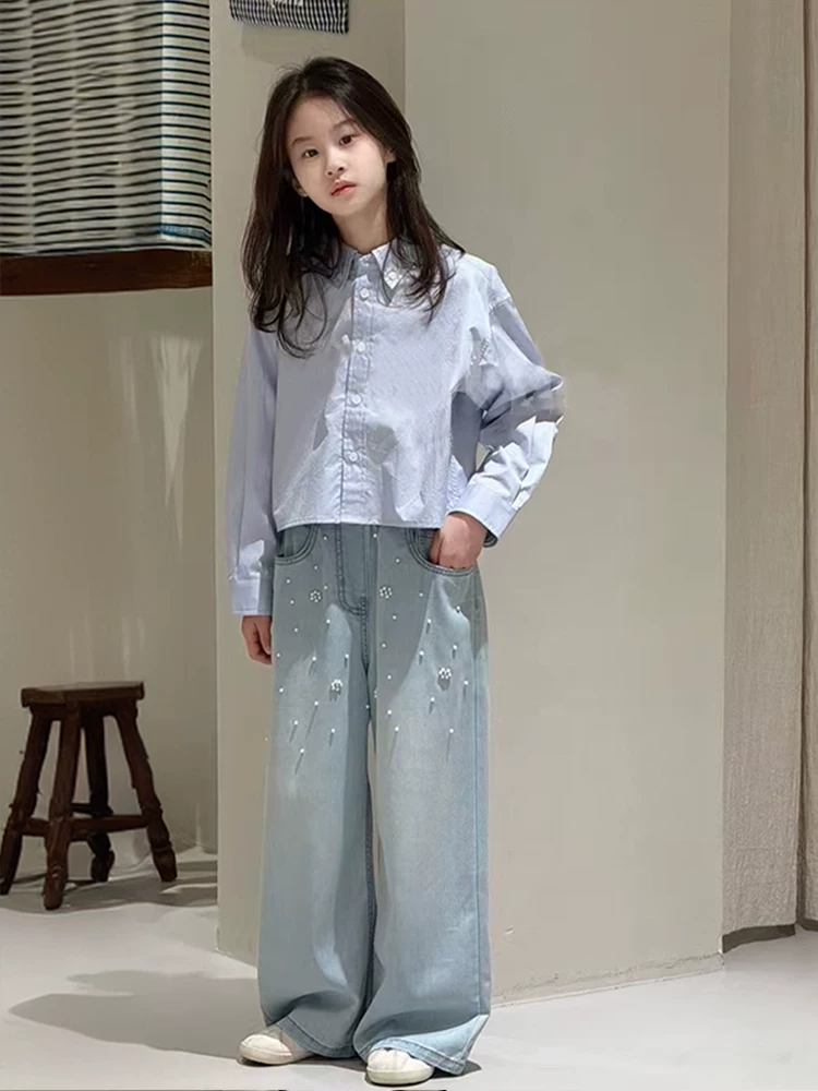 Quần jean mỏng cạp cao đính cườm cho bé gái 25 mẫu xuân hè mới, quần ống rộng dáng thẳng cho trẻ lớn, quần dài rộng rãi, thoải mái