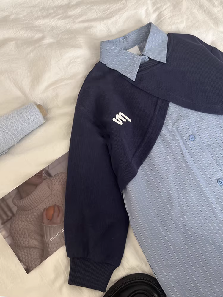 Váy bé gái xuân thu 2025 kiểu mới, áo sơ mi bé trai phối vải giả hai mảnh cho trẻ lớn, áo sơ mi váy, trang phục cha mẹ và con cái