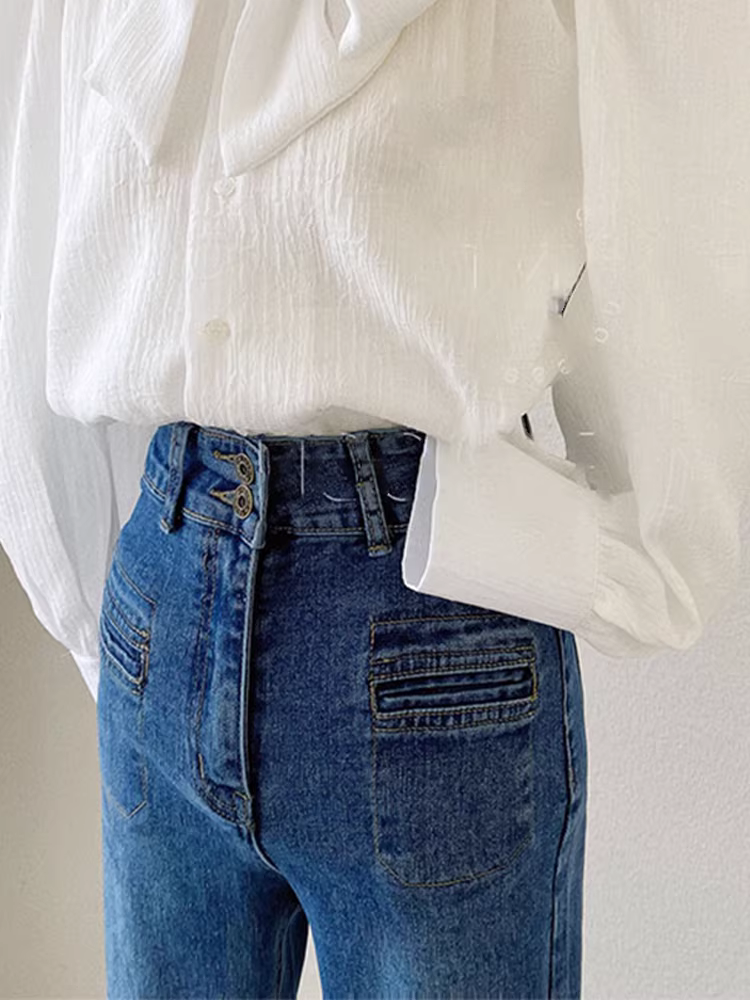 Quần jeans loe nữ xuân 2025, cạp cao, tôn dáng, co giãn, kiểu dáng bootcut dành cho các cô gái nhỏ nhắn, quần dài