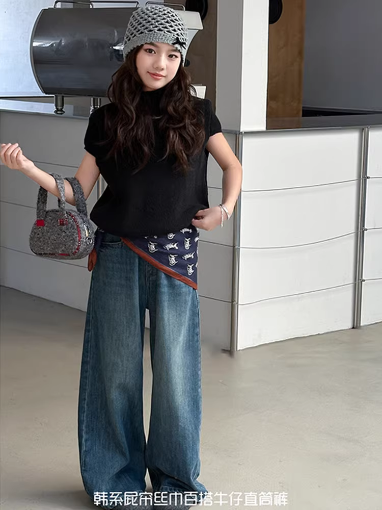 Quần jean bé gái 25 mùa thu kiểu mới quần ống rộng thời trang trẻ em dành cho trẻ lớn hơn quần ống đứng hẹp kiểu dáng đơn giản