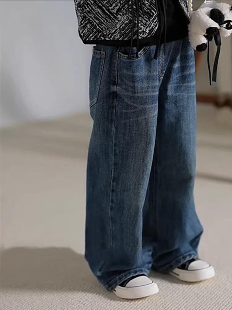 Quần ống đứng trẻ em Hàn Quốc dành cho bé gái, mùa xuân thu 2025, quần jean trẻ em thời trang cho trẻ lớn, quần đa năng hợp xu hướng mùa xuân