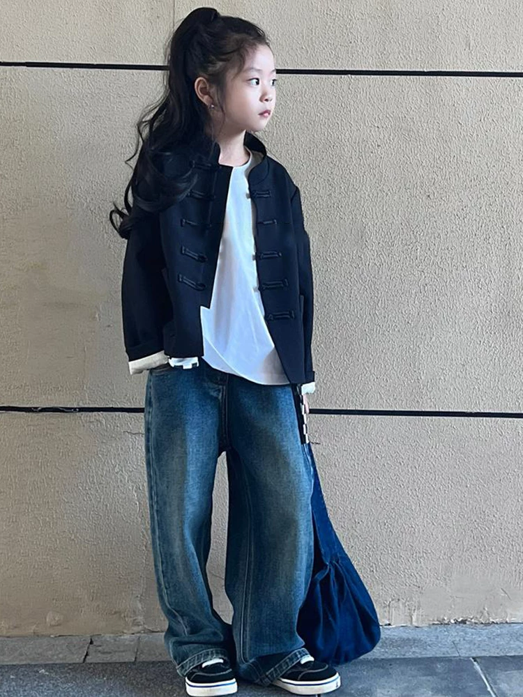 Quần jeans trẻ em xuân thu 2025, quần ống rộng bé trai bé gái, quần dài mùa thu, kiểu Hàn Quốc thời trang cá tính, quần mát mẻ